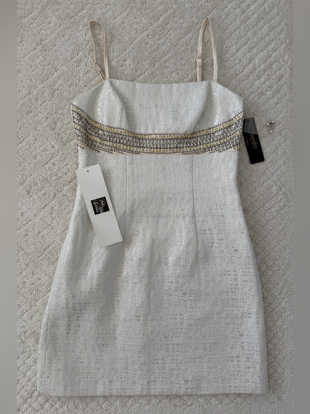 NWT Laundry by Shelli Segal Y2K Ivory Metallic Beaded Mini Dress